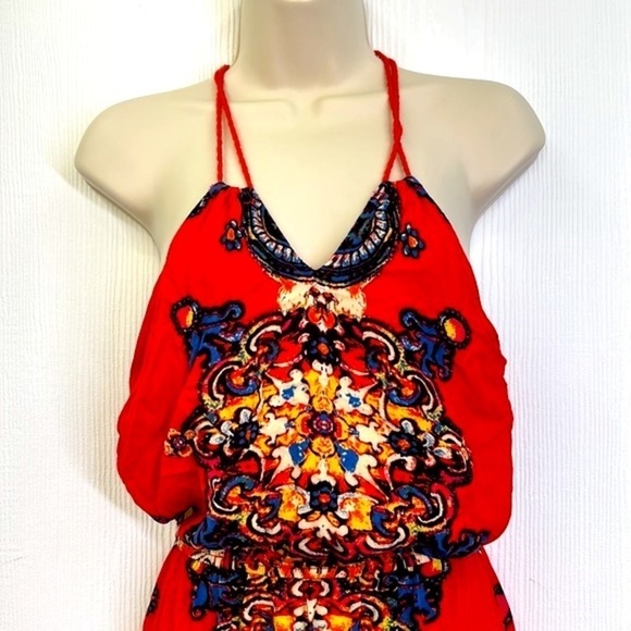 Forever 21 - Bright Orange With Colorful Design Halter Maxi Dress Size Small - Picture 3 of 11